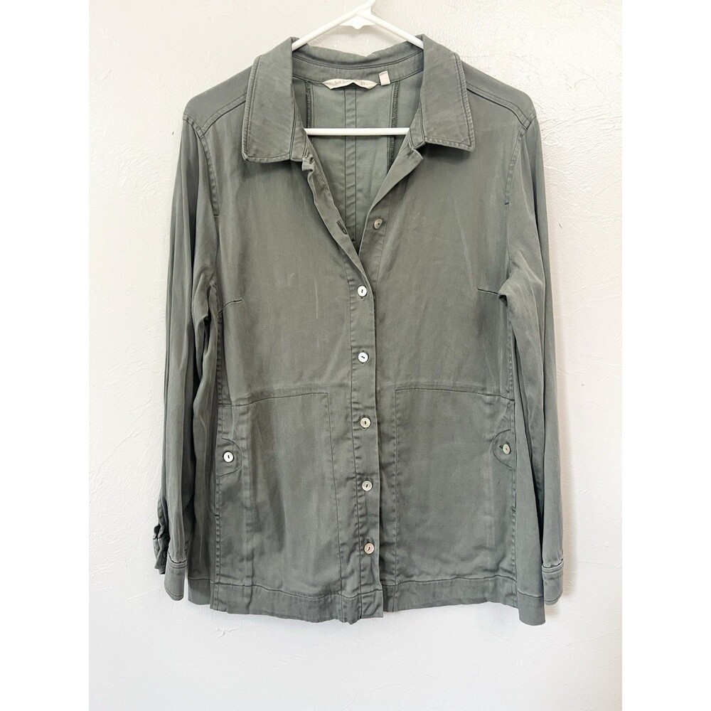 Soft Surroundings Thelma Shirt Green Roll Tab Sleeves Pockets Shacket Utility M - Picture 2 of 8
